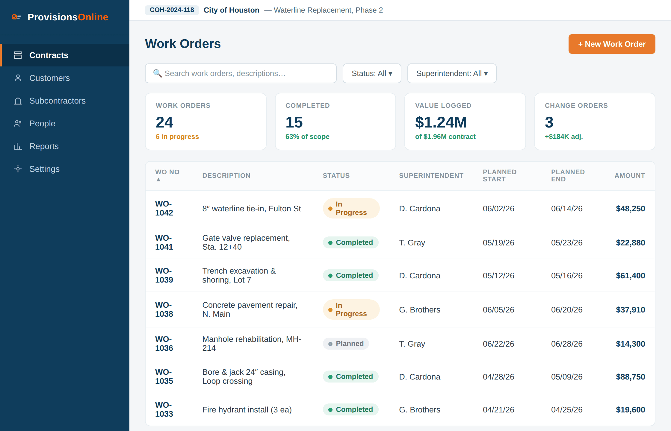 Illustrative ProvisionsOnline work-order screen using sample data