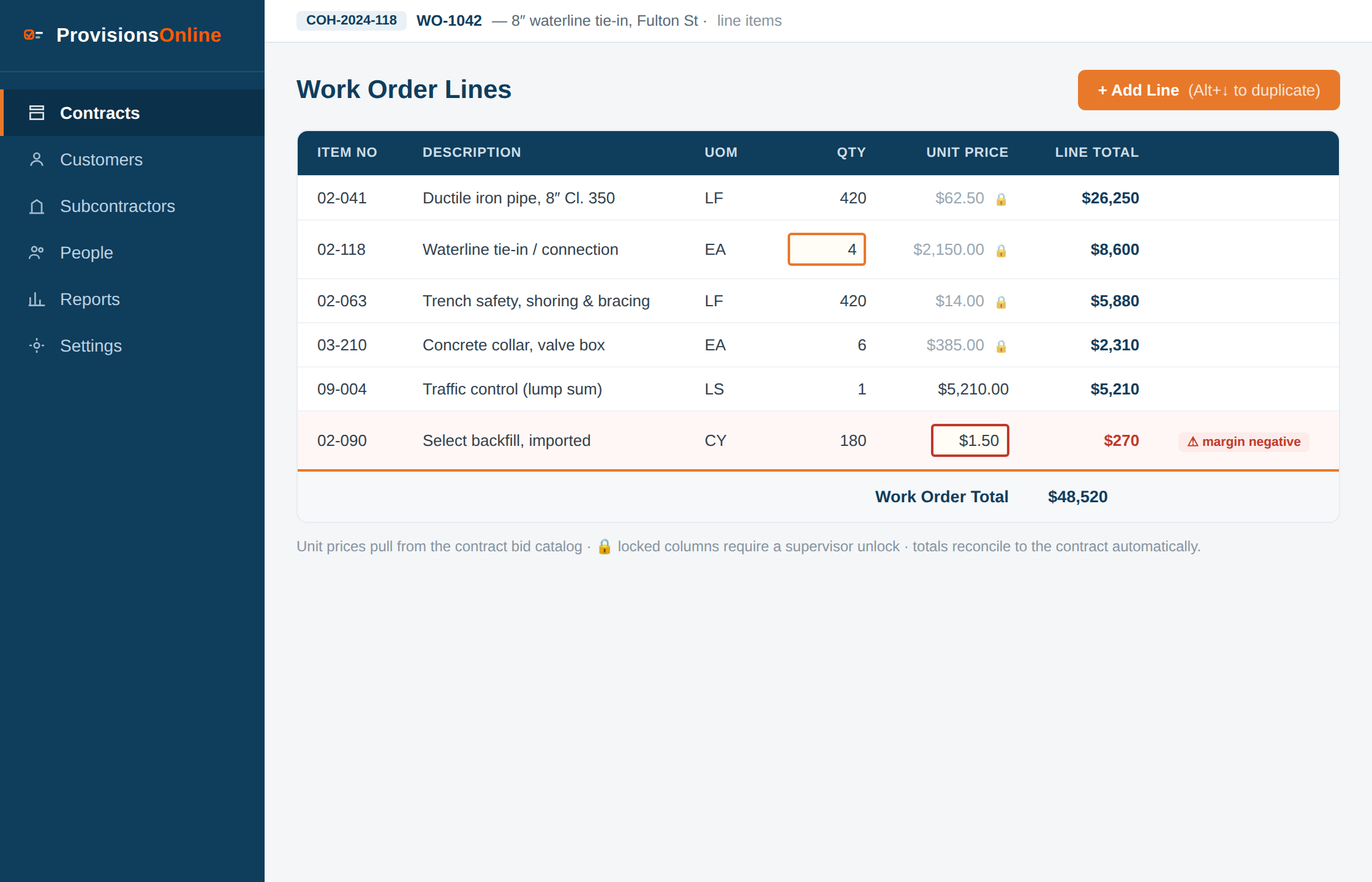 Line-item entry grid with bid-catalog pricing
