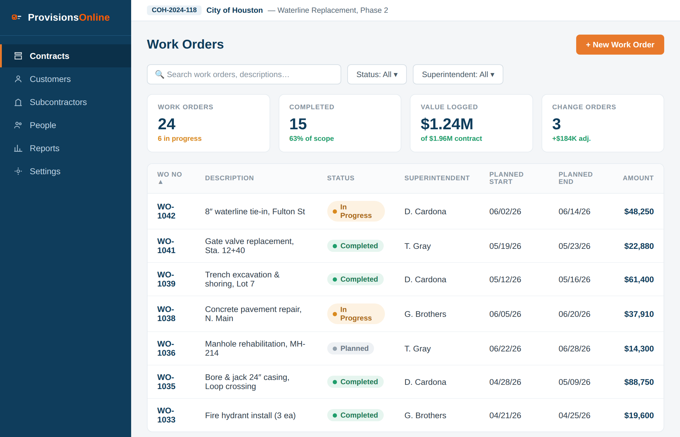 Work order list scoped to a contract